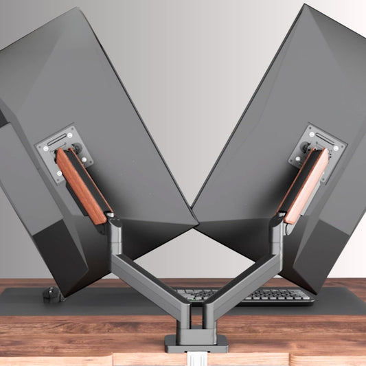 Flowlyf Black Dual Wooden Texture Premium Gas Spring Monitor Arm | 17-32" Screen Monitor VESA Mount | Height Adjustability | 360 Degree Rotation |Easily Hold Upto 8KG Weight Each |2 Way Wire Manager