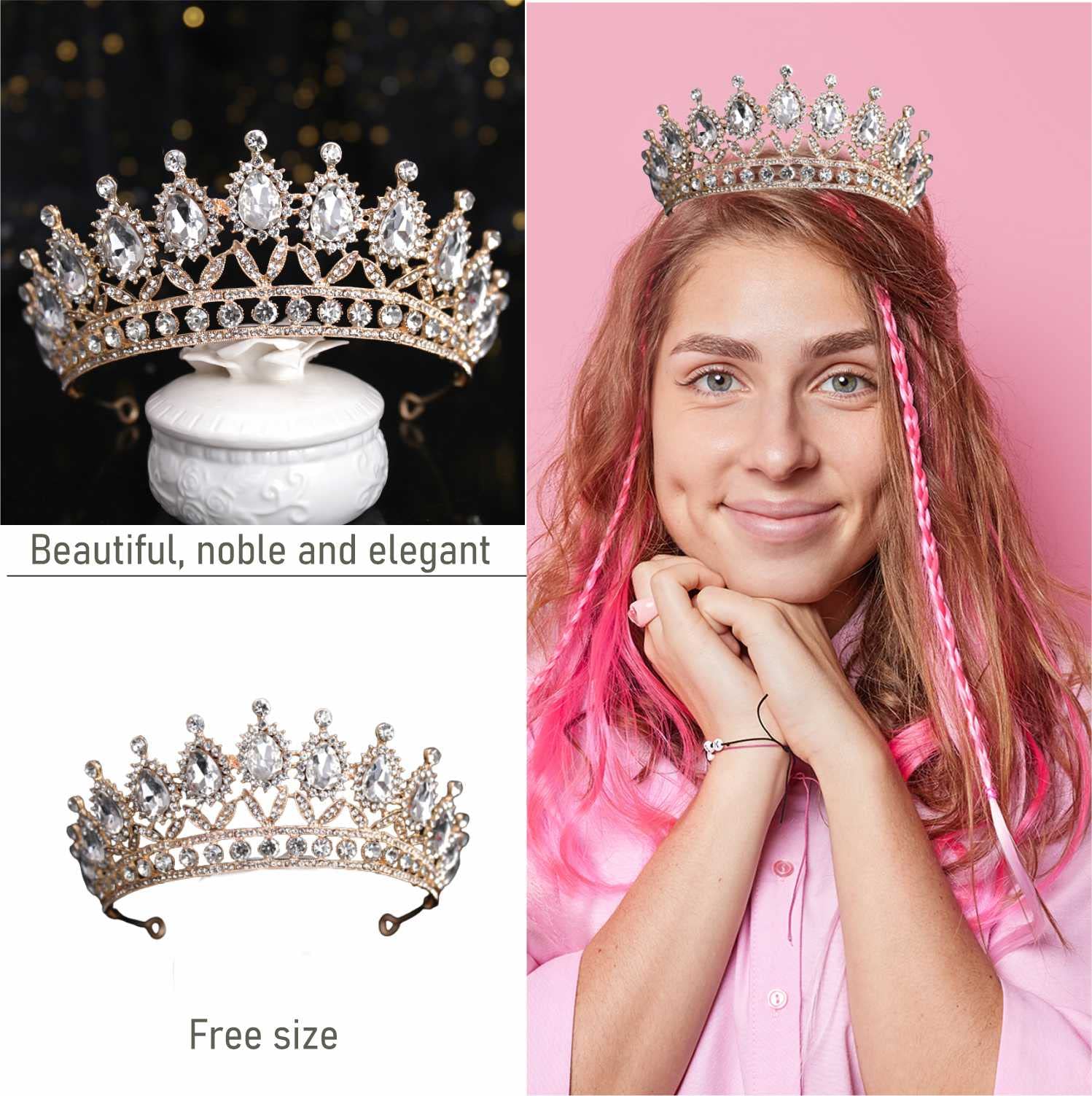 SYGA Crown Tiaras Princess Antique Bronze Crystal Rhinestone Bride Diamond Women Headband Wedding Jewelry Hair Accessories - White Diamond (Gold)