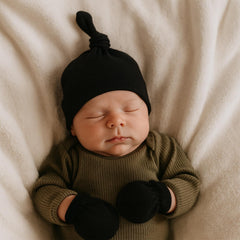MOMISY Newborn Baby's Cotton Cap Mitten Set, 0-6 Months (IN, Age, 0 Months, 6 Months, Black)