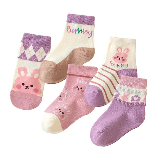 MOMISY 5 Pairs Baby kids Girl Boys Toddlers InfantmCotton Stretch Baby Socks (IN, Age, 1 Year, 3 Years, Purple Bunny)