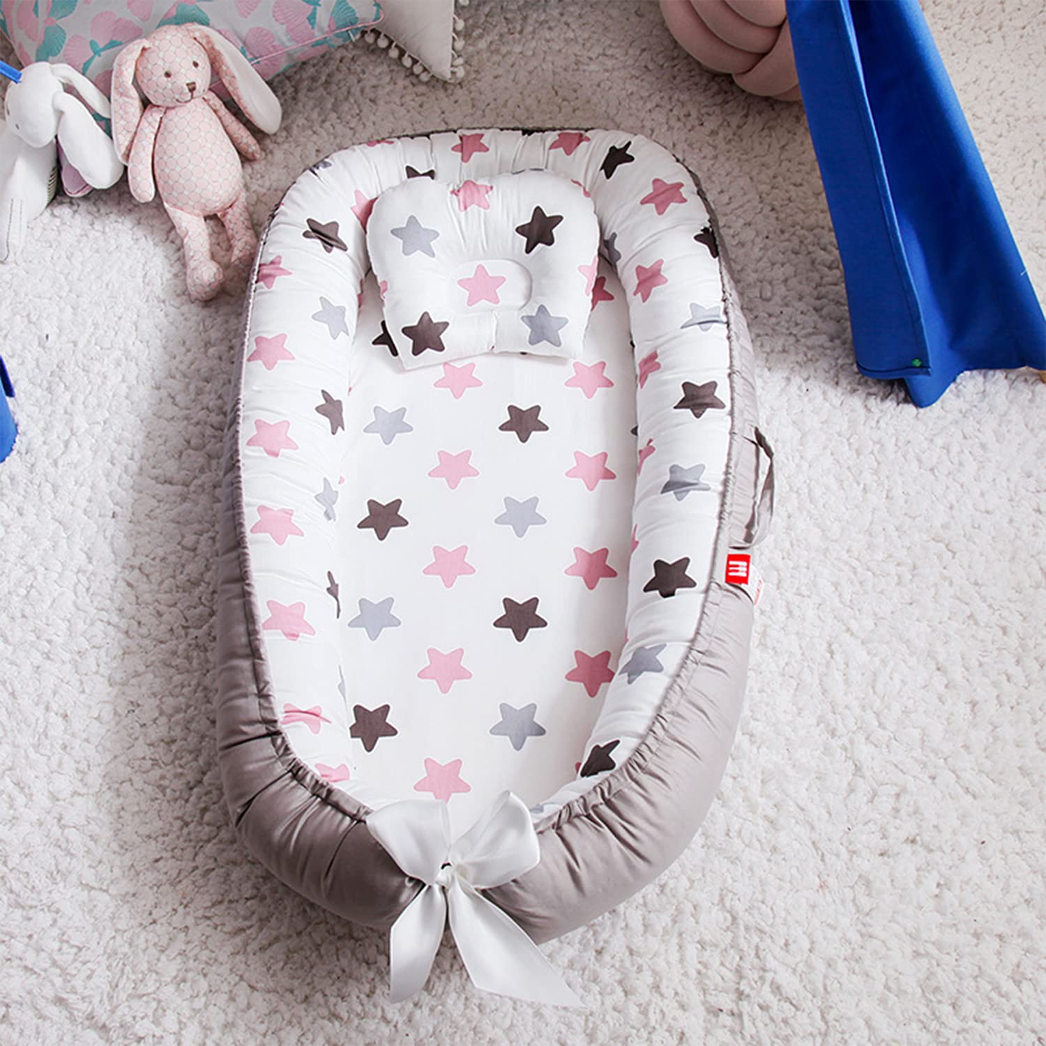 SYGA New Born Baby Nest Portable Reversible Sleeping Bed Foldable Sleeping Toddler Cotton Baby Mattress Pillow for 0-2 Years Baby, 53 X 88 CM, Blue Edge Blue Star
