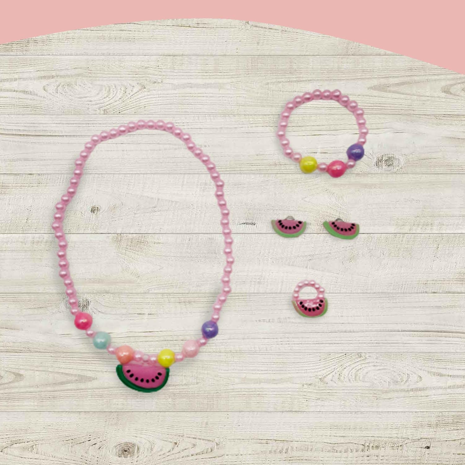 SYGA Children's Girls Necklace Earring Ring Set Jewelry Pearl Necklace Bracelet Set For Kids, Girl, Gift, Party (Watermelon)