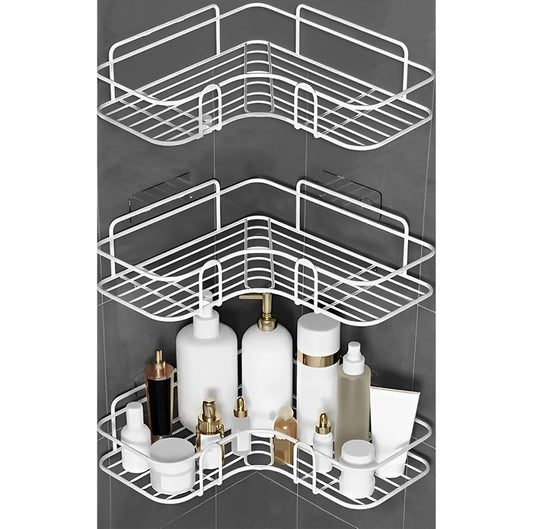 MOMISY Wall Mounted Self Adhesive Corner Shelf for Bathroom Corner/Kitchen Rack Holder with Magic Sticker/Bathroom Organizer Without Drill (3, L Shape White)