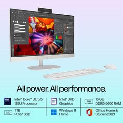 HP All-in-One, Intel Core Ultra 5 125U (16GB DDR5,1TB SSD) IPS, 300 nits, Anti-Glare, 27inch(68.6cm) FHD, Win11, M365, Office24, Shell White, 6.72kg, FHD IR tilt Camera w/Privacy shuttter, 27-cr1027in