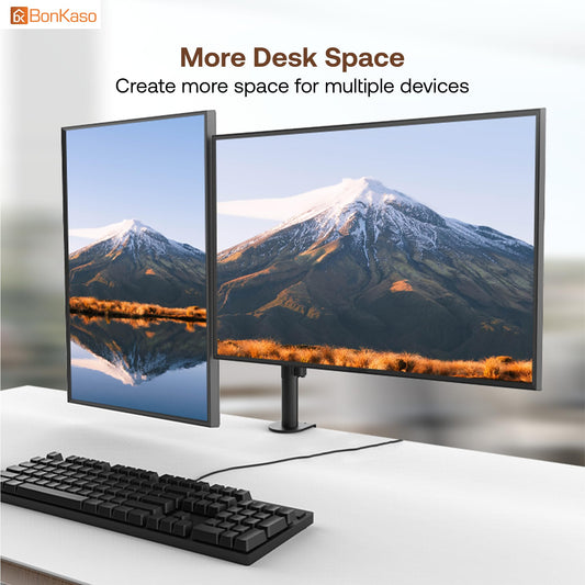 BonKaso Dual Monitor Stand for Desk | Height Adjustable Alloy Steel Arm Mount for 13”–27” Screens | 360° Rotation, Tilt & Swivel, Cable Management, Space-Saving Dual Arm Monitor Mount (Black & White)