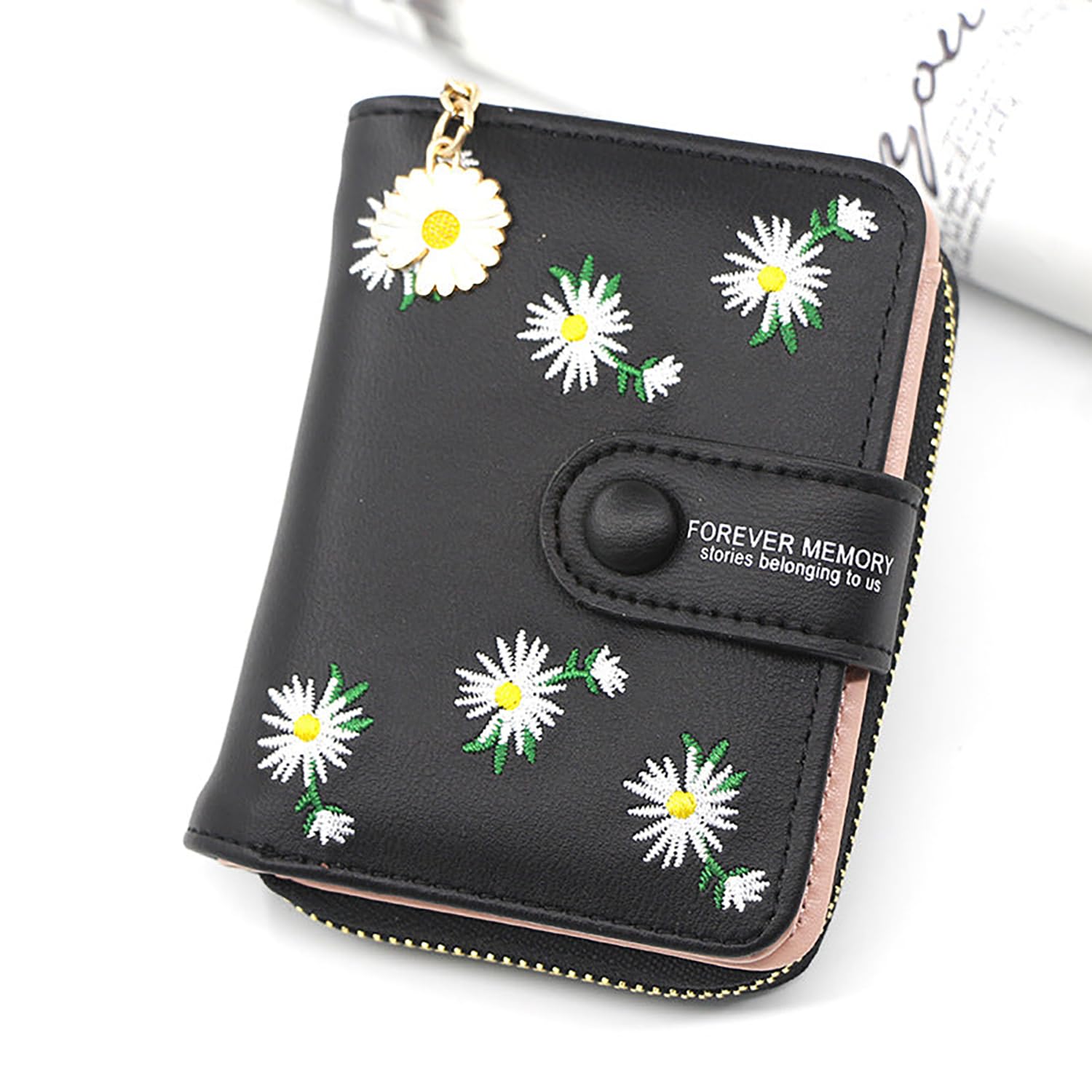 SYGA Women's Short Zipper Buckle Personalized Pu Leather Wallet Coin & Card Purse(Flower Black)