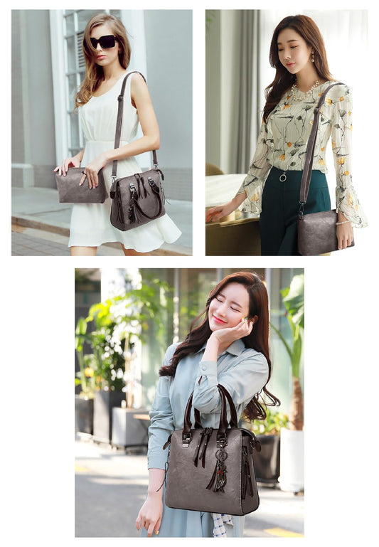 SYGA Pack Of 4 Women Handbag Set,Pu Leather Handbag With Crossbody Bag, Clutch Bag And Credit Card Holder Tote Bag (Black)