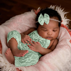 MOMISY Newborn Photography Props Set, Mint Green Lace Romper with Matching Headband, 2-Piece