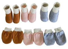 MOMISY Baby Boy and Baby Girl Combo/Gift Set Of Cotton Hand Mittens (Gloves) (3 Pairs) and Leg Booties (Socks) (3 Pairs), 0 to 6 Months. (Brown Grey Pink)