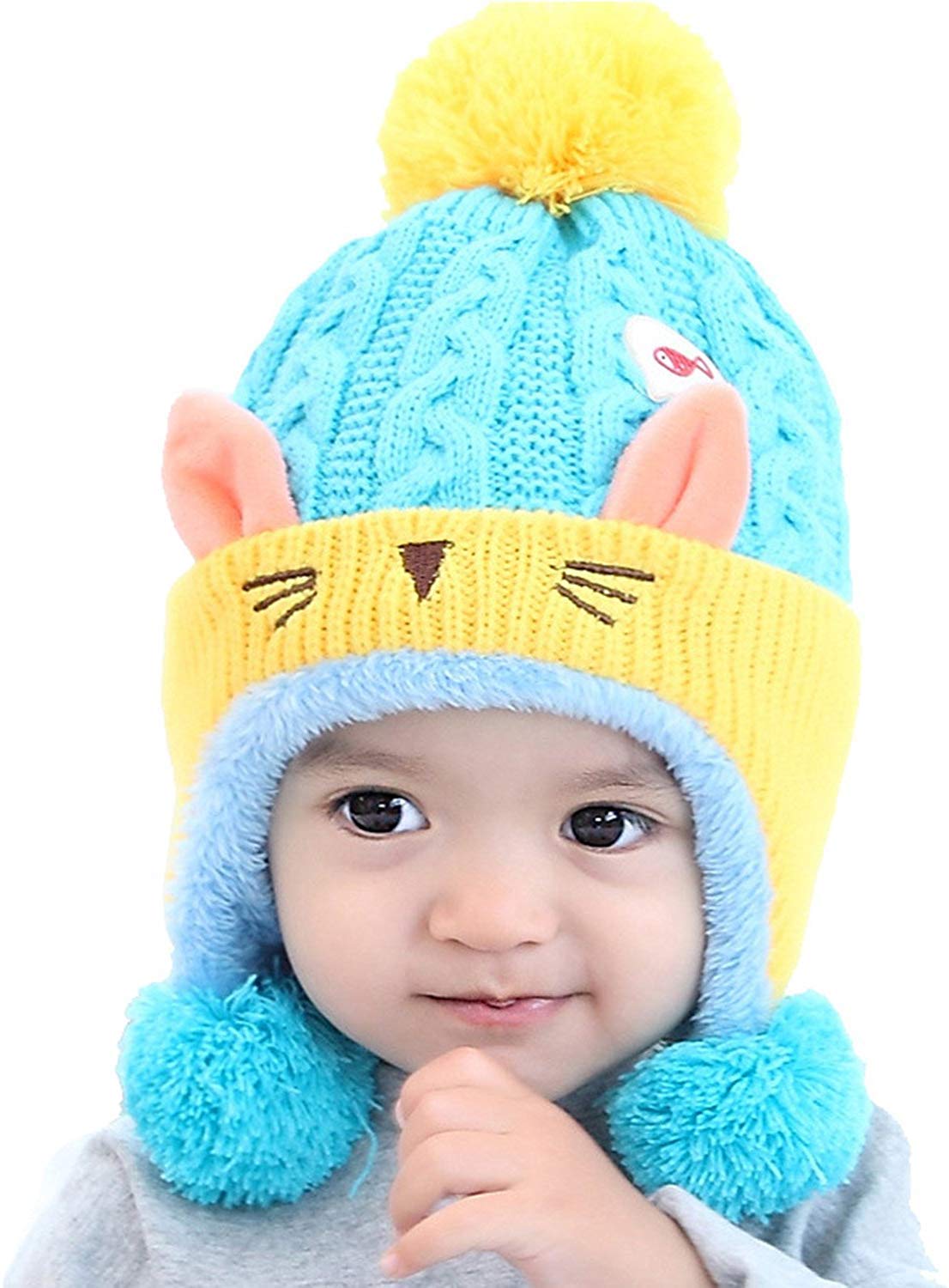 SYGA Winter Cap Ear Proction Beanie Knitted Pompom Baby Cap 2-5 Year Kids Cap Blue