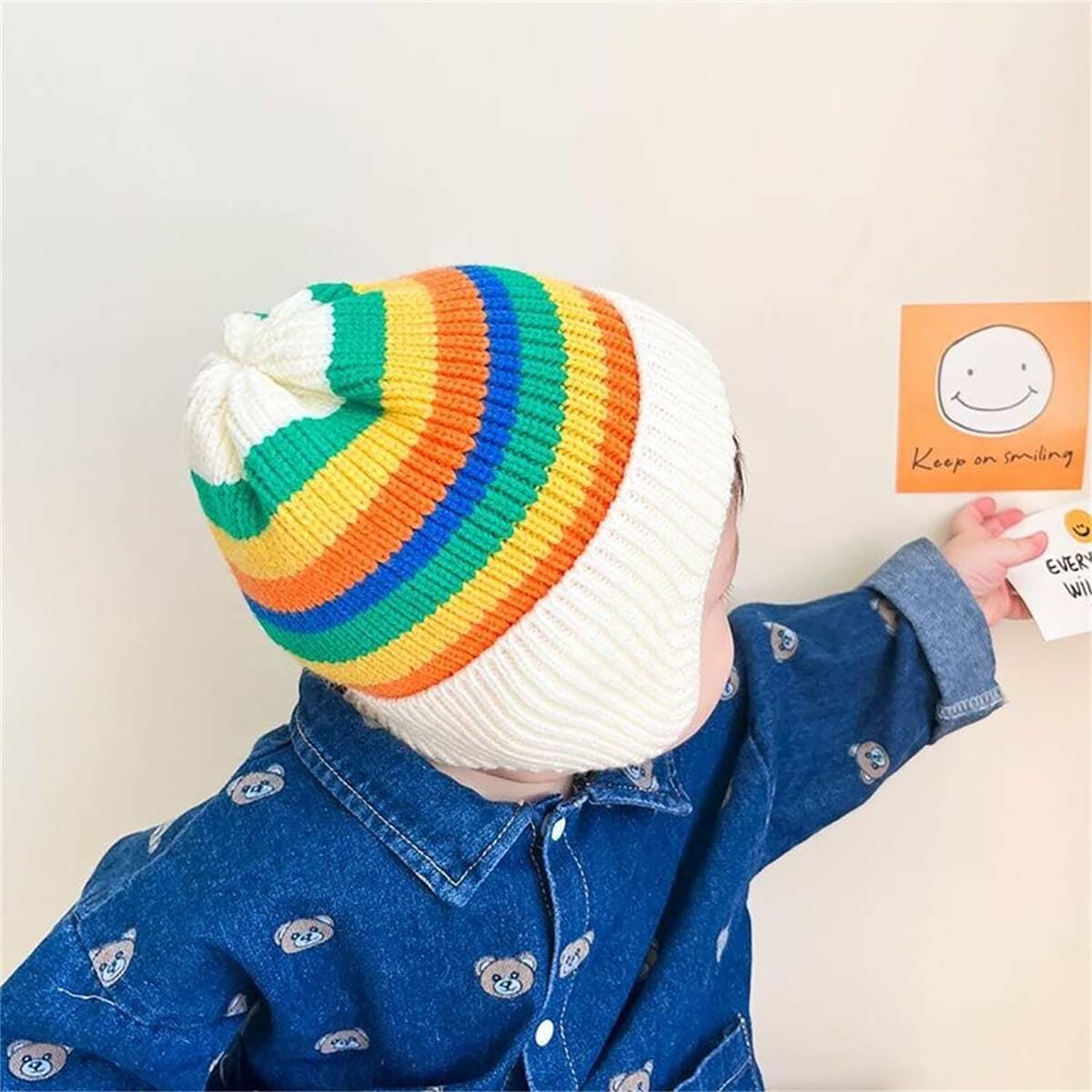 SYGA Baby Winter Cap 1-5 Years Wool Multi-Stripe Warm Knitted Hat with Ear Protection Rainbow hat [Beige]