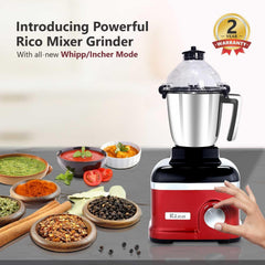 Rico Premium 1000W Juicer Mixer Grinder with Japanese Technology & Whip Mode for thick Grinding in Kitchen|3 Stainless Steel Jars & 1 Sipper for Smoothies|Warranty 5 Years on Motor & 2 Years on Mixer