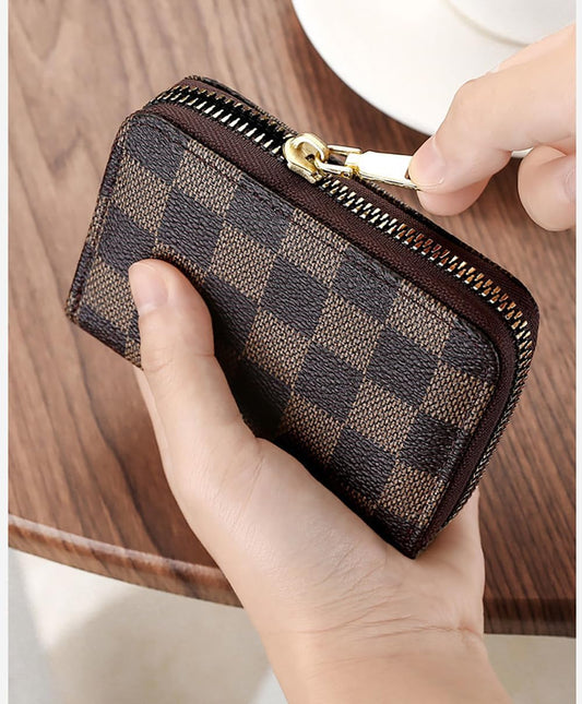 SYGA New Chex Design Card Bag Fashion Multi-Card Business Card Bag Zipper Coin Purse Card Holder Supports(CHEX-Brown-Style-1)