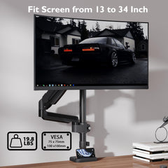 BONTEC Single Monitor Arm Desk Mount for 13-34 Inch Screens, Adjustable Gas Spring Arm with Tilt, Swivel, Rotation, VESA 75x75mm 100x100mm, Holds up to 19.8lbs, C-Clamp & Grommet Base, Ergonomic Stand