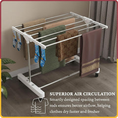 STANSY Stainless Steel Foldable Clothes Drying Rack with Wheels, Heavy-Duty Laundry Stand for Home & Balcony, Space-Saving Design, Indoor Outdoor Cloth Dryer