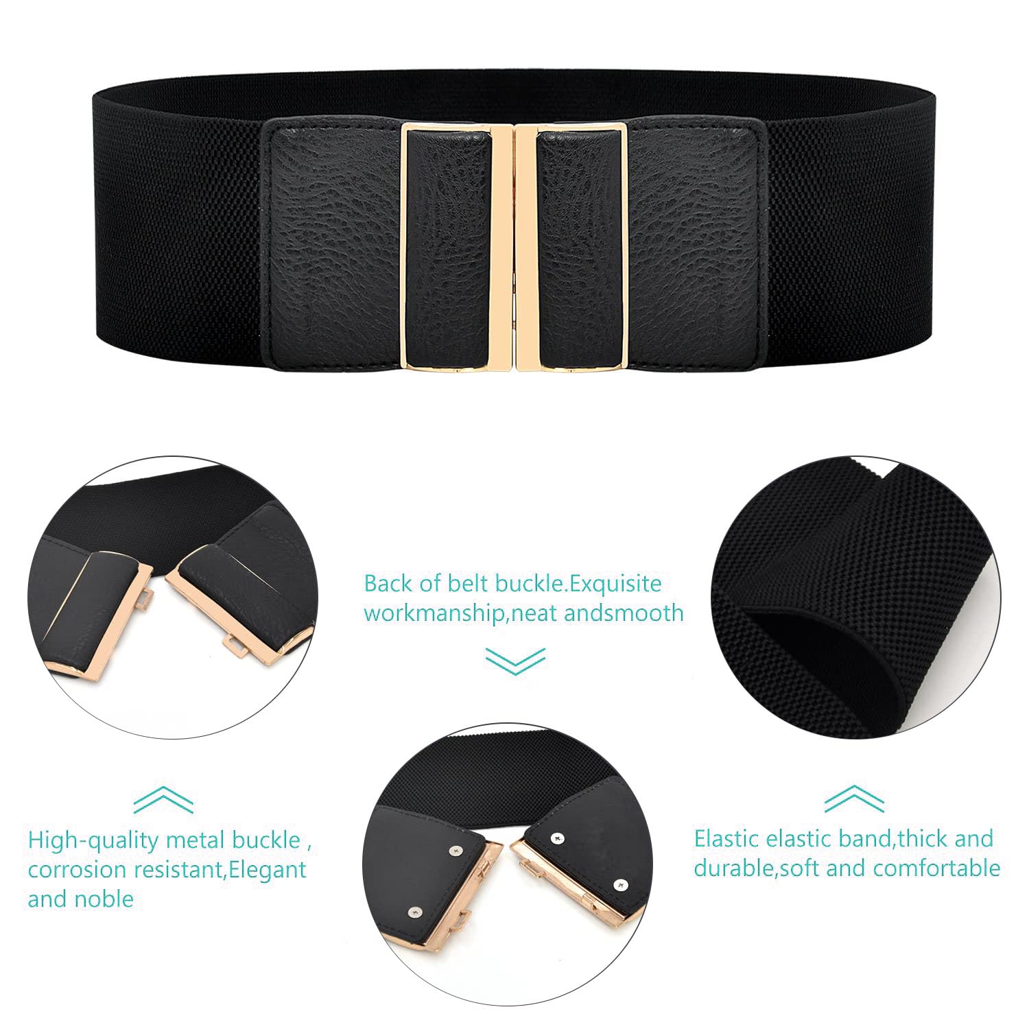 SYGA Women Cinch Belt, PU Leather Stretchy Waist Belt with Door Shaped Metal Buckle, Retro Style - Black