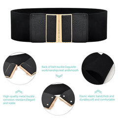 SYGA Women Cinch Belt, PU Leather Stretchy Waist Belt with Door Shaped Metal Buckle, Retro Style - Black