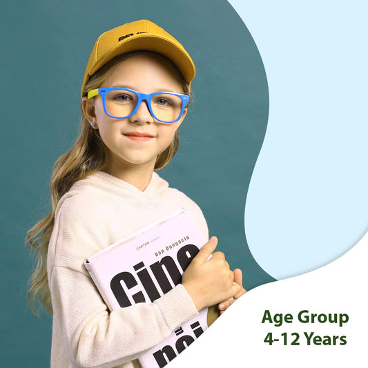 SYGA Children's Anti-Blue Light Glasses Baby Goggles PC Frame Flat Mirror 4-12 Years old(Blue frame yellow feet/white flat)