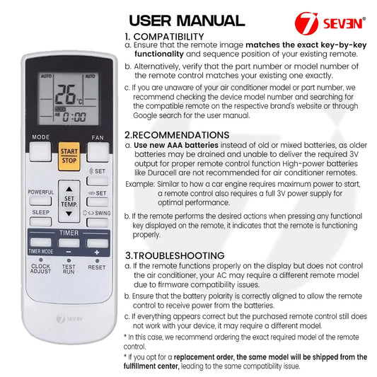 7SEVEN® Compatible with O General AC Remote AR-RAJ1E Model 107A Suitable Only for ASGG18LFCD ASGG24LFCD ASGG30LFCD Split Air Conditioner Model of Ogeneral - Match Keys Exactly with Existing Remote