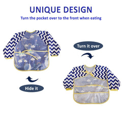 SYGA Baby Bibs with Sleeves Waterproof Feeding Dribble Bibs Painting Apron Bibs Adjustable Closure with Large Pocket for Infant Toddler 1 to 3 Years Old- Blue Little Prince