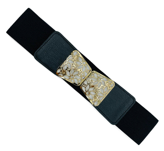 SYGA Women Cinch Belt, PU Leather Stretchy Waist Belt with Floral Lotus Metal Buckle, Retro Style - Black