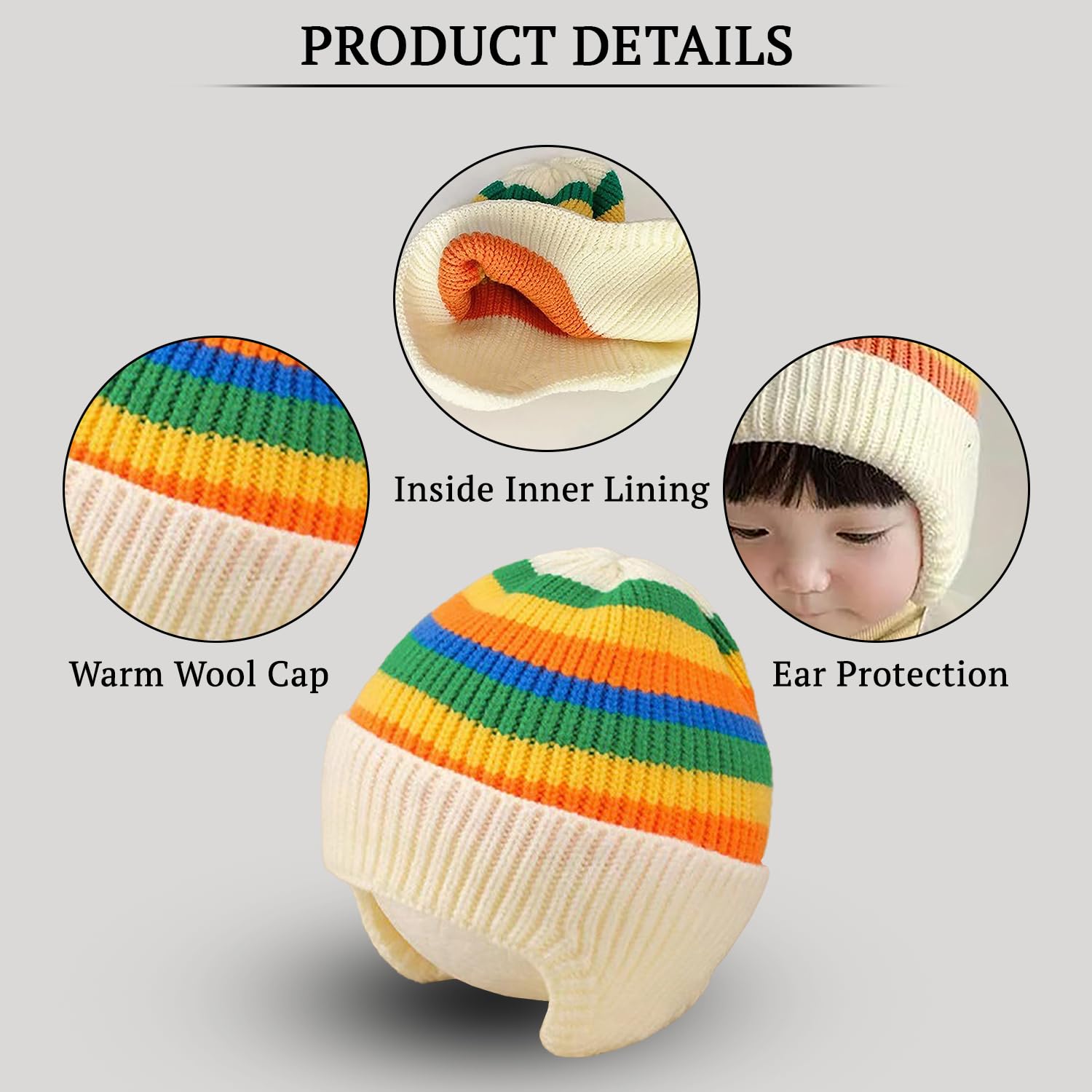 SYGA Baby Winter Cap 1-5 Years Wool Multi-Stripe Warm Knitted Hat with Ear Protection Rainbow hat [Beige]