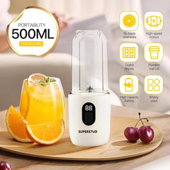 SUPERSTUD Blender Mixer Grinder | Mini Blender for Smoothies & Juices | 2-Jar Capacity (500ml*2) | 230W | 6 Blade || Type-C Charging & Battery Indicator | Auto-Stop After 40s (White)