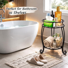 STANSY 2 Tier Metal Plant Stand, Round Indoor Flower Pot Holder, Multi-Purpose Bathroom Storage Shelf, Heavy Duty Decorative Corner Table for Living Room, Balcony, (Black)