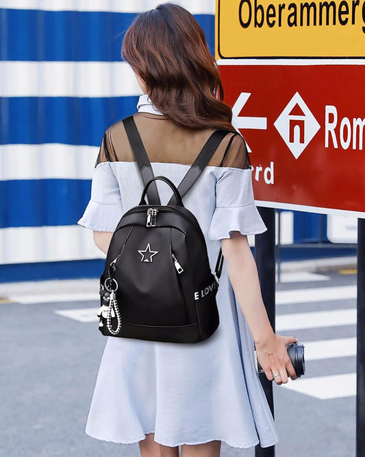 SYGA Women's Oxford Cloth Backpack Casual College Style with Cute Key Chain Student School Bag (Black)