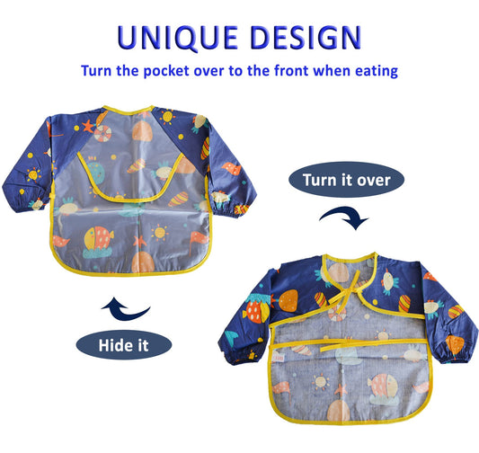 SYGA Baby Bibs with Sleeves Waterproof Feeding Dribble Bibs Painting Apron Bibs Adjustable Closure with Large Pocket for Infant Toddler 1 to 3 Years Old- Blue Little Prince