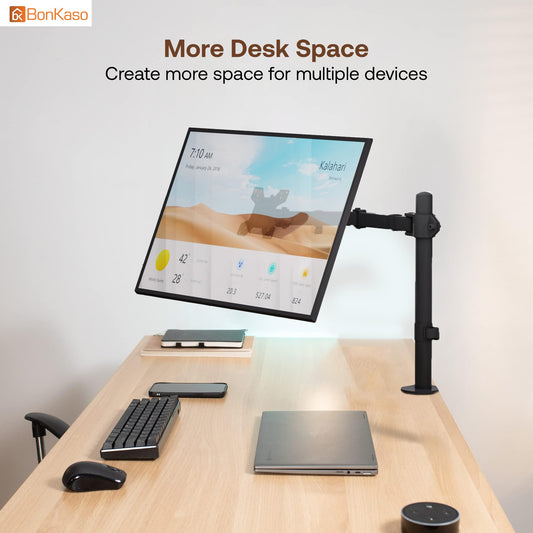 BonKaso Adjustable Single Arm Monitor Stand for Desk | Alloy Steel Durable Mount for 13”-27” Screens | 360° Rotation, Height Adjustable, Cable Management, Space Saving Monitor Arm (Black & White)