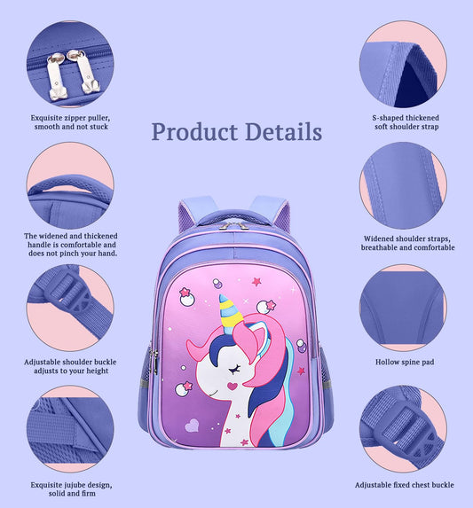 SYGA Kids School Bag Cute Unicorn Design, Lightweight Backpack for Elementary school students (Purple)