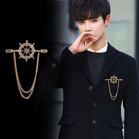 SYGA Men's & Women Suit Shirt Stud Lapel Pin Chain Tassel Brooch Pin with Crystal Chain(Rudder gold)
