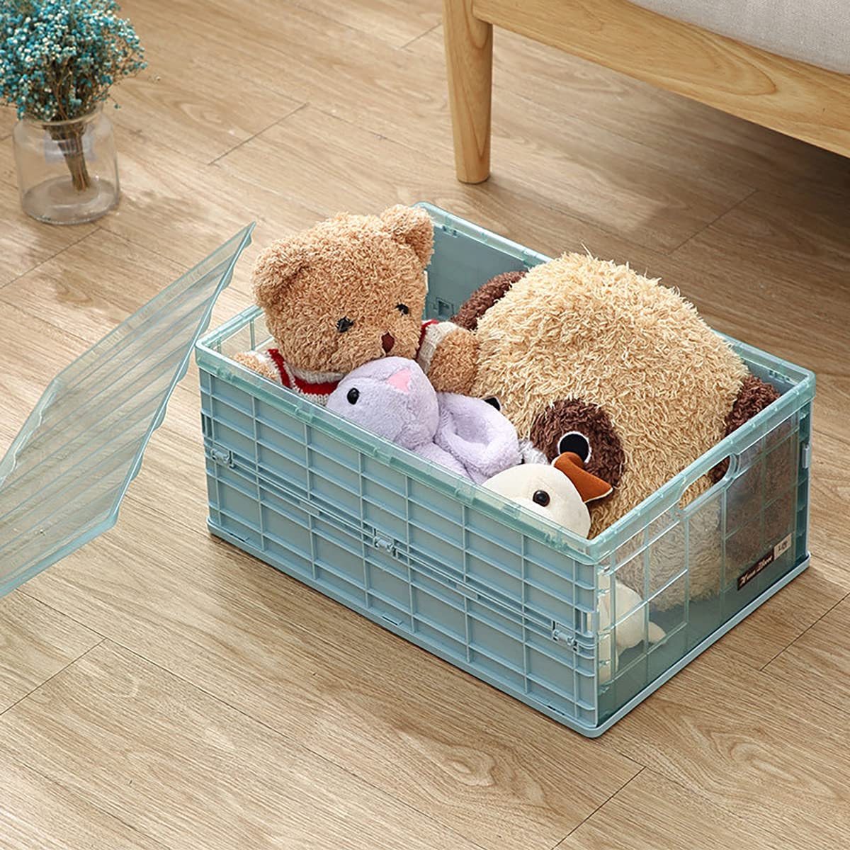 SYGA Large Storage Box Plastic Foldable Transparent Belt Cover Clothes Toy Book Snack Size Finishing Box(Blue)
