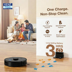 KENT RoboKlean R1 Black 2-in-1 AI Robotic Vacuum Cleaner & Mop, 8500Pa Suction, 5200mAh Battery, 3D Mapping, Laser Navigation, Wet & Dry Cleaning, 260 Minutes Run-Time, Floor & Carpet, Anti Fall