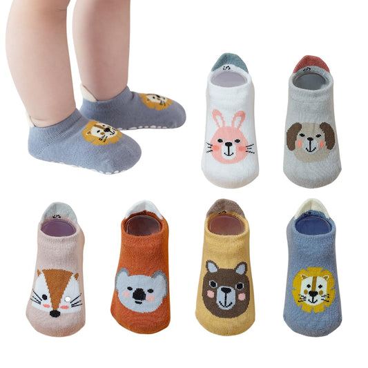 MOMISY Animal Pattern Cotton Non-Slip Ankle Socks, 6 Pairs, Toddler Boys Girls, Warm Anti-Skid Infant Socks (IN, Age, 12 Months, 3 Years)