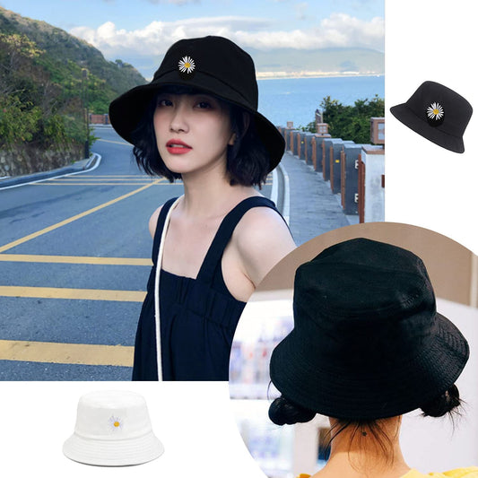 SYGA 1 Piece Reversible Double Sided Bucket Hat Sun Beach Cap Daisy Fishermans Hat for Adults, Men and Women Both for Above 15 Year - Flower Black & Pink