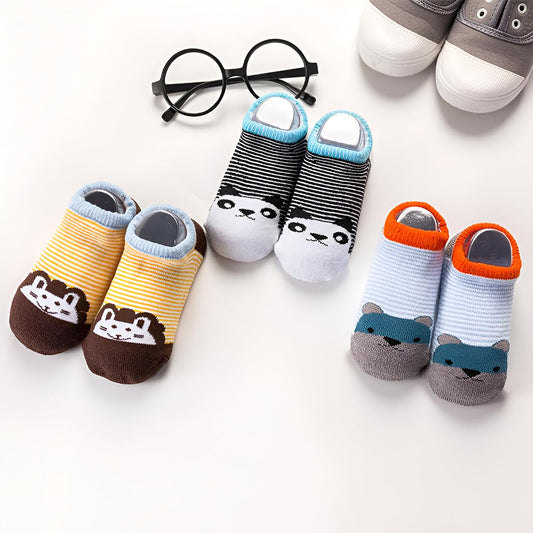 MOMISY Baby Socks, Anti Skid Non Slip Cotton Stretch, 3 Pairs, Toddler Boys Girls (IN, Age, 3 Years, 5 Years, 3Panda)