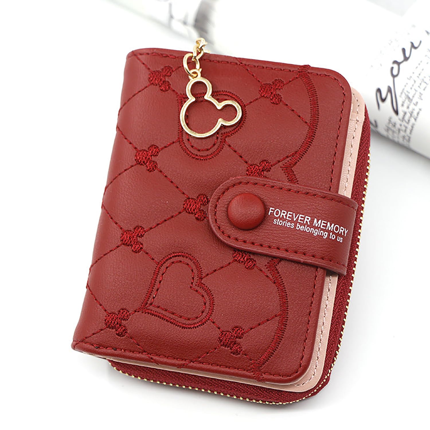 SYGA Women's Short Zipper Buckle Heart Shaped Wallet with Key Chain, Cute for Girls Pu Leather Wallet Coin & Card Purse(Mickey Red)