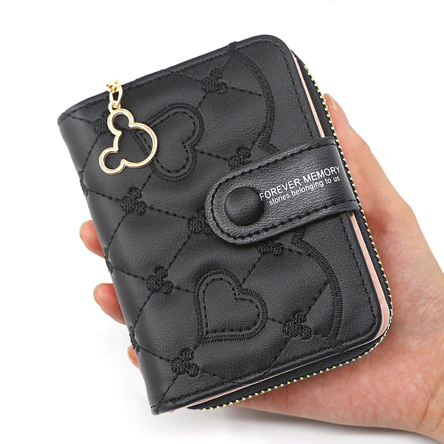 SYGA Women's Short Zipper Buckle Heart Shaped Wallet with Key Chain, Cute for Girls Pu Leather Wallet Coin & Card Purse(Mickey Black)