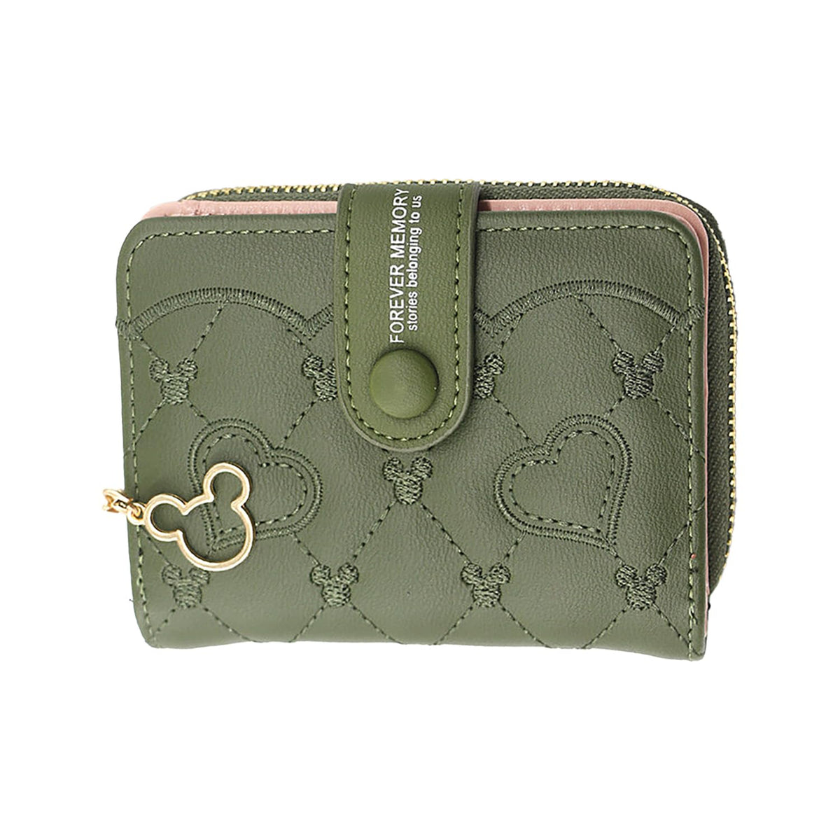 SYGA Women's Short Zipper Buckle Heart Shaped Wallet with Key Chain, Cute for Girls Pu Leather Wallet Coin & Card Purse(Mickey Green)