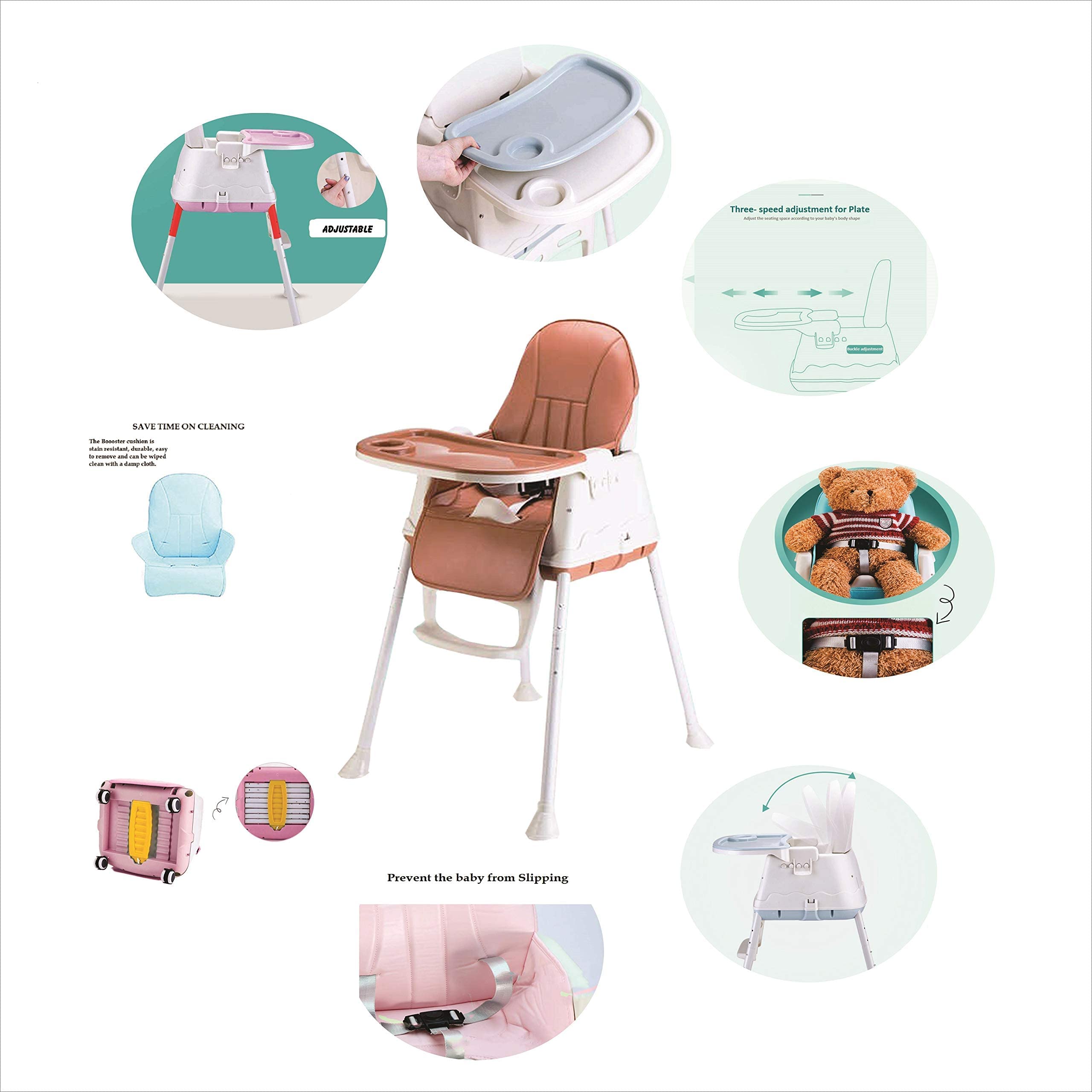 SYGA High Chair for Baby Kids,Safety Toddler Feeding Booster Seat Dining Table Chair (with Wheel and Cushion, Brown)