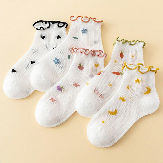 MOMISY Baby Girls Ankle Socks – Soft Cotton Blend with Decorative Chain Trim, Colorful Embroidered Patterns, 5 Pair (Multicolor)-6 to 8 Year