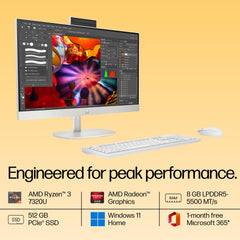 HP All-in-One 24, AMD Ryzen 3 7320U,8GB LPDDR5, 512GB SSD (Win11,Office24,White) Anti-Glare, FHD, 23.8inch(60.5 cm), 510SP White Wireless Keyboard and Mouse Combo,Radeon Graphics, 5.27kg,24-cr0014in