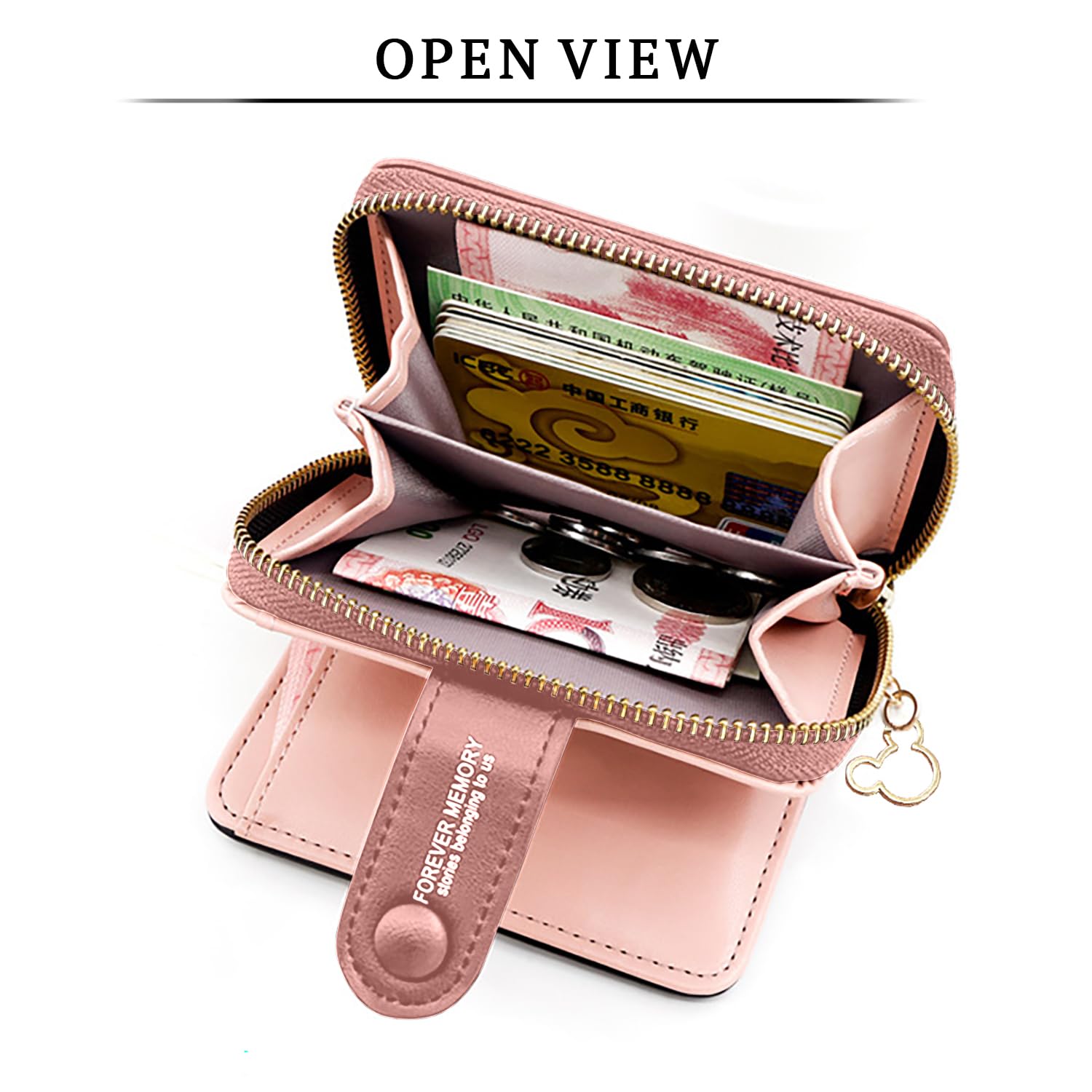 SYGA Women's Short Zipper Buckle Heart Shaped Wallet with Key Chain, Cute for Girls Pu Leather Wallet Coin & Card Purse(Mickey Pink)