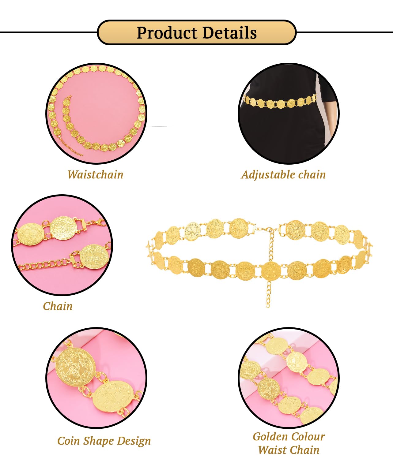 SYGA Women's Cross-Border Ethnic Retro Ring Coin Design Waist Chain Ladies Decorative Belly Dance Metal Belt(Gold)