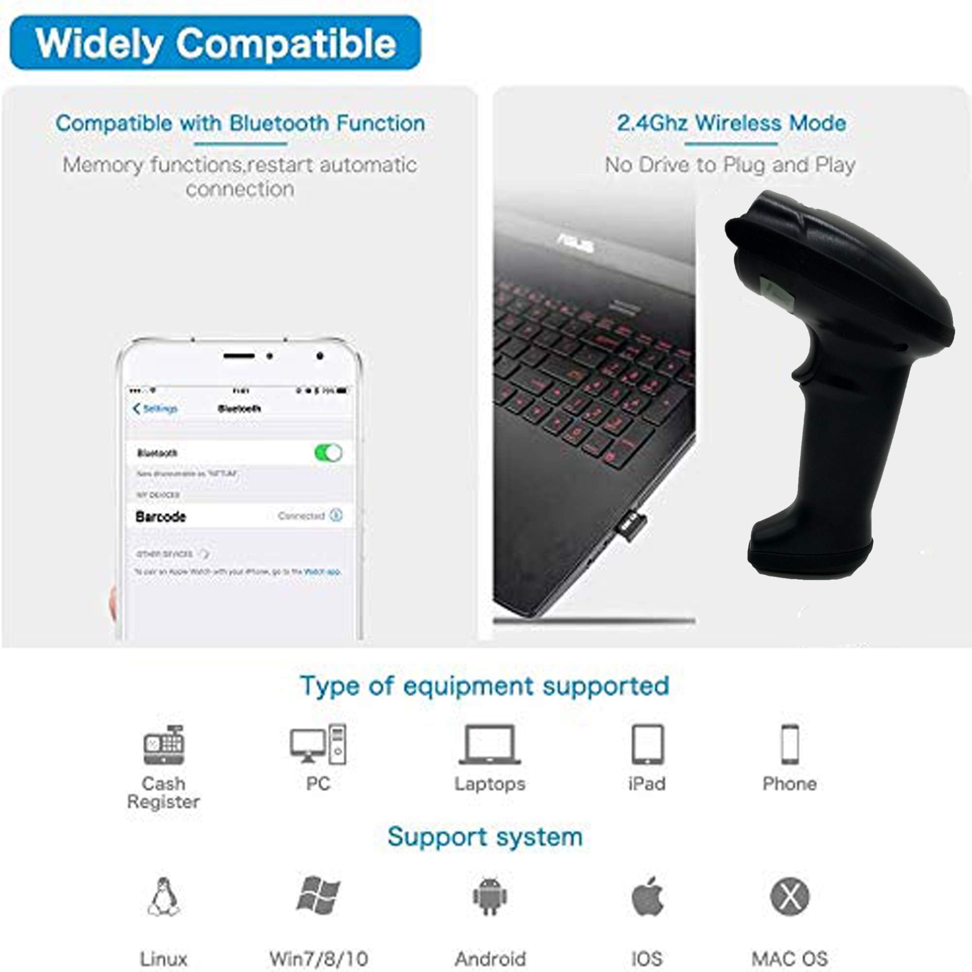 SYGA Wireless 1D 2D QR Barcode Scanner, 3 in 1 Compatible with Bluetooth Function & 2.4GHz Wireless & Wired Connection, Connect Smart Phone Tablet PC USB Image Bar Code Reader