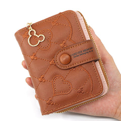 SYGA Women's Short Zipper Buckle Heart Shaped Wallet with Key Chain, Cute for Girls Pu Leather Wallet Coin & Card Purse(Mickey Brown)