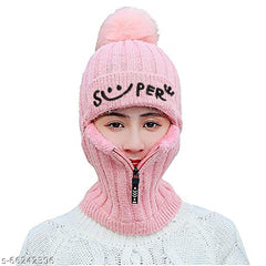 SYGA Unisex Winter Women Cap Wool Cap Smiley Zipper Pom Pom Hat Above 15 Year - Beige