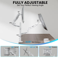 ETHU Dual Premium Monitor Arm with Gas Spring, Vertical Dual Monitor Mount for 17-32 Inch Screens up to 9kg Each, Adjustable VESA Monitor Stand with C-Clamp & Grommet Installation,White
